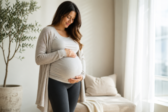 Expecting mom wearing comfortable maternity leggings with a soft long top and cardigan in a calm lifestyle setting