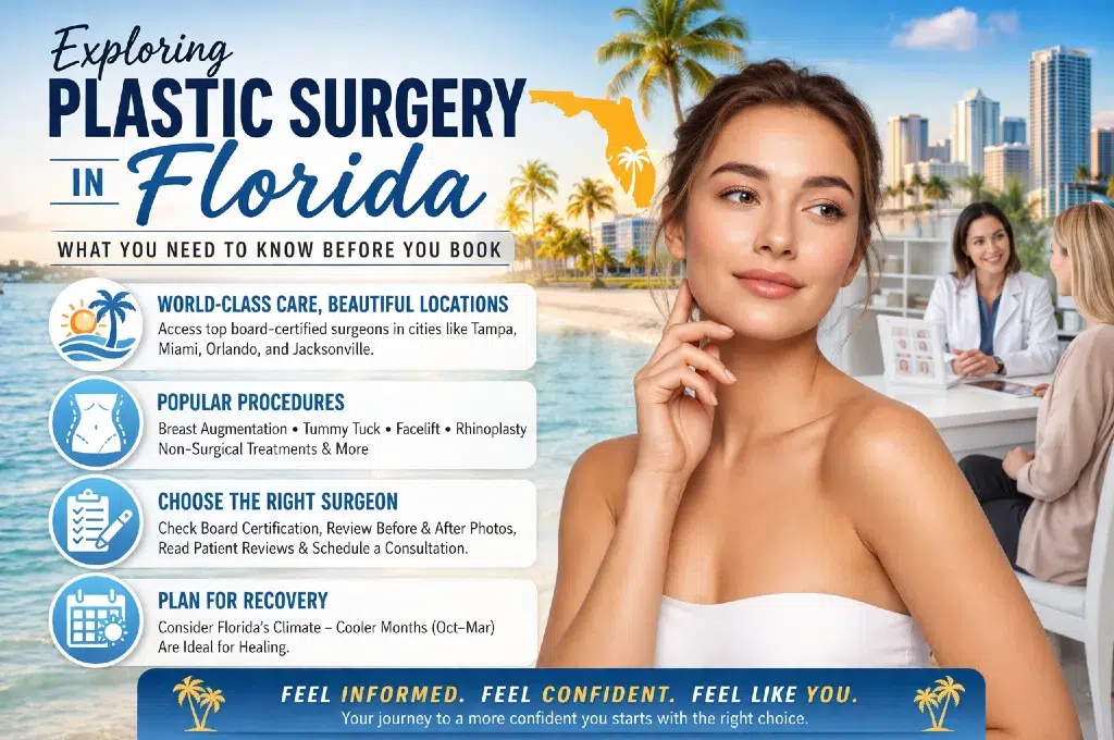 Informational flyer about plastic surgery in Florida, highlighting care locations, popular procedures, surgeon selection, and recovery planning with a beach backdrop.