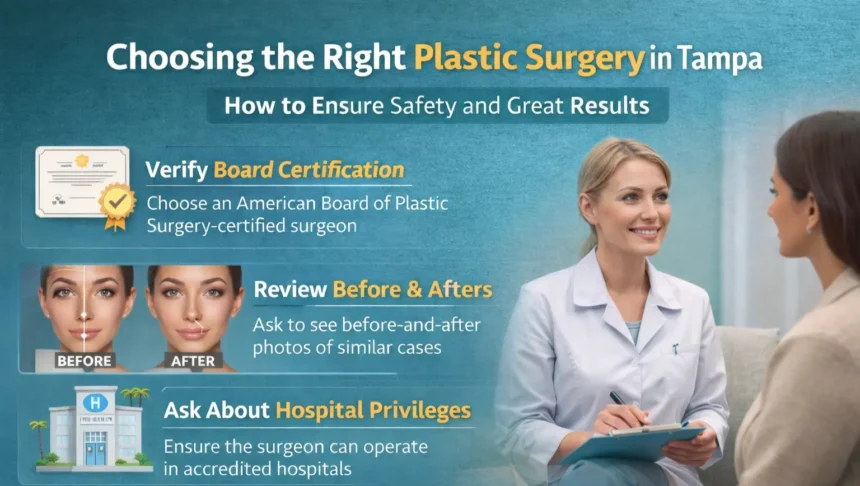 Infographic on choosing the right plastic surgery in Tampa, highlighting board certification, before & after reviews, and hospital privileges.