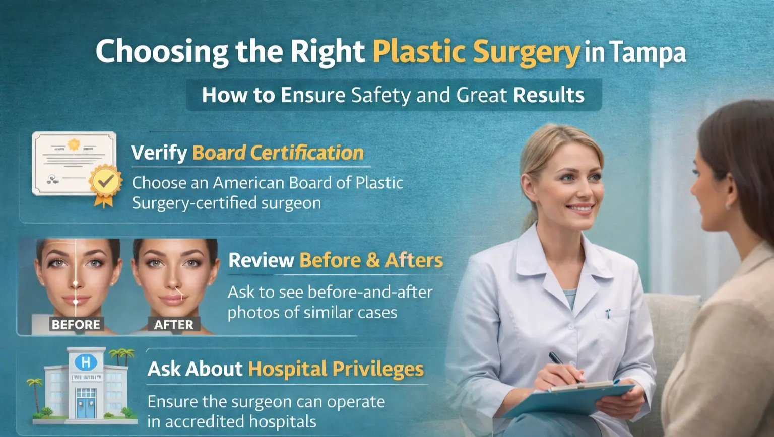 Infographic on choosing the right plastic surgery in Tampa, highlighting board certification, before & after reviews, and hospital privileges.