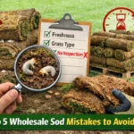 Magnified sod pests, checklist showing no inspection, stacks of rolled sod, and a calculator highlighting wholesale sod mistakes and costs.