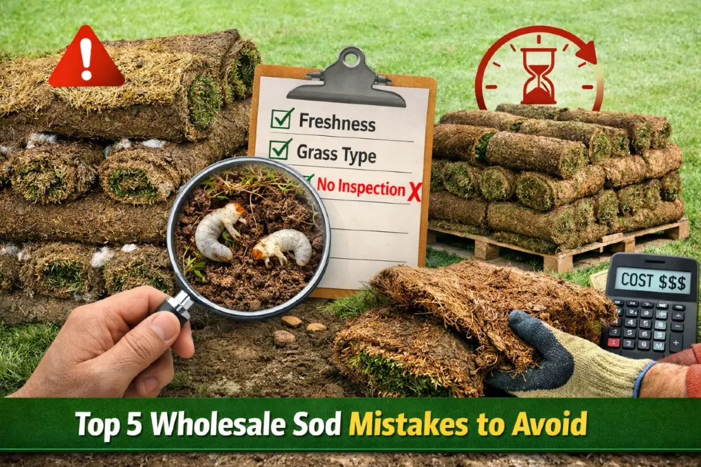 Magnified sod pests, checklist showing no inspection, stacks of rolled sod, and a calculator highlighting wholesale sod mistakes and costs.