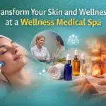 Promotional image for a Wellness Medical Spa featuring skin treatment, consultation, essential oils, and a woman relaxing in a salt therapy room.