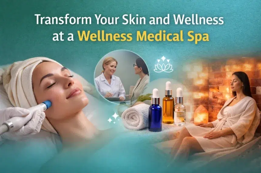 Promotional image for a Wellness Medical Spa featuring skin treatment, consultation, essential oils, and a woman relaxing in a salt therapy room.